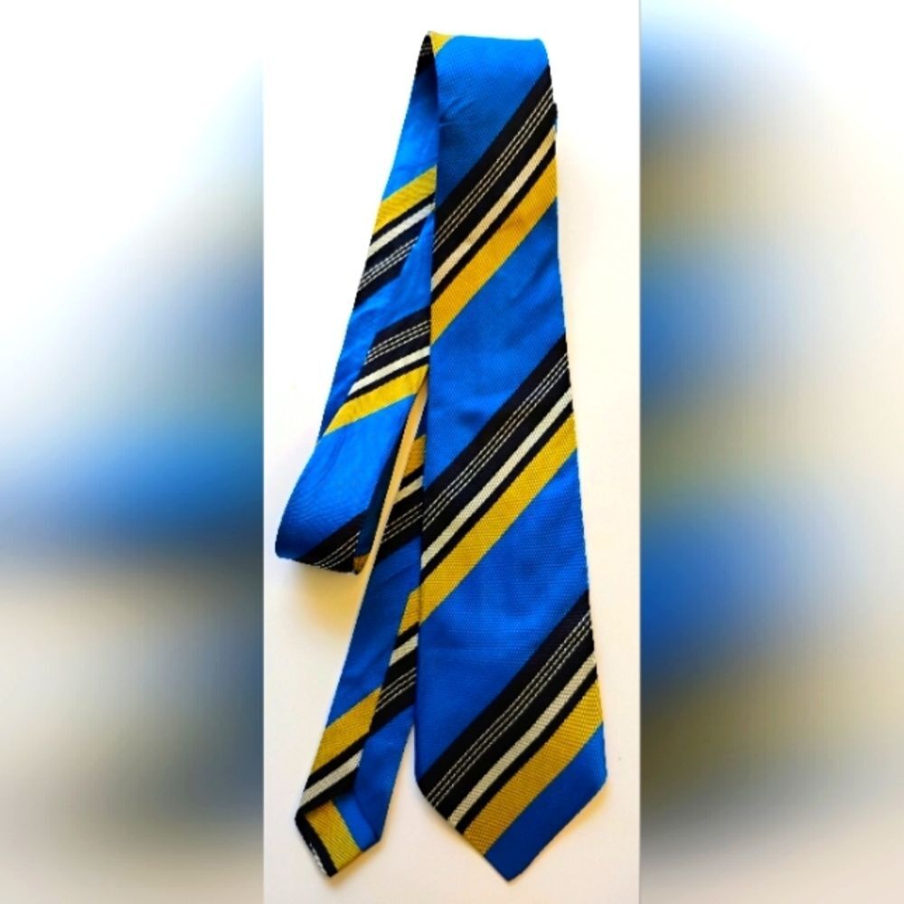 Vintage 60's Retro Neck Tie 53"×3.25" Electric BLUE Gold Striped Acetate V-3